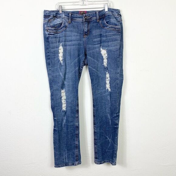 Torrid Medium Wash Distressed Ripped Patched Gold Sequin Skinny Jeans Size 20 - Picture 1 of 7